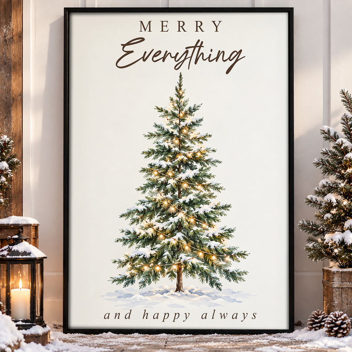 Christmas Tree Canvas Painting, Merry Everything And Happy Always Wall Art Decor, Xmas Quote Poster Gift