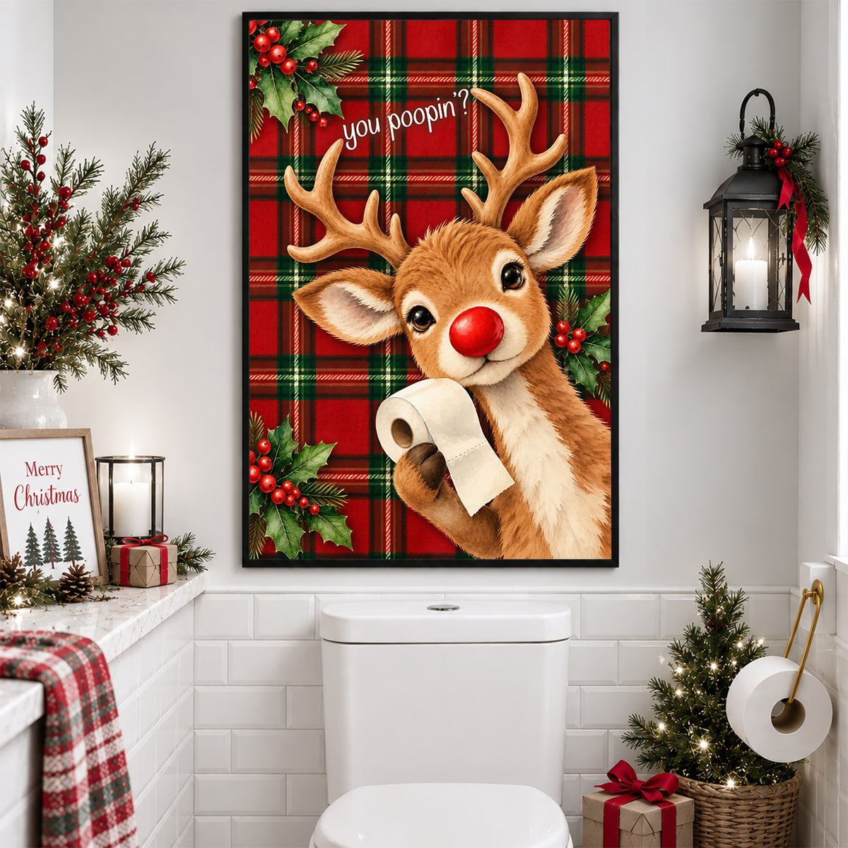 Funny Christmas Reindeer Toilet Canvas Painting, You Poopin Bathroom Wall Art Decor, Xmas Restroom Poster Gift For Reindeer Lover