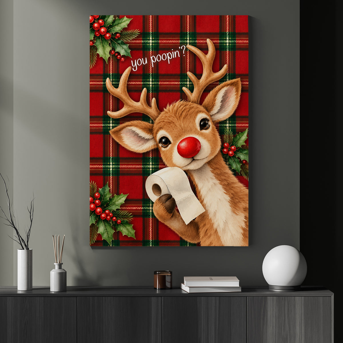 Funny Christmas Reindeer Toilet Canvas Painting, You Poopin Bathroom Wall Art Decor, Xmas Restroom Poster Gift For Reindeer Lover