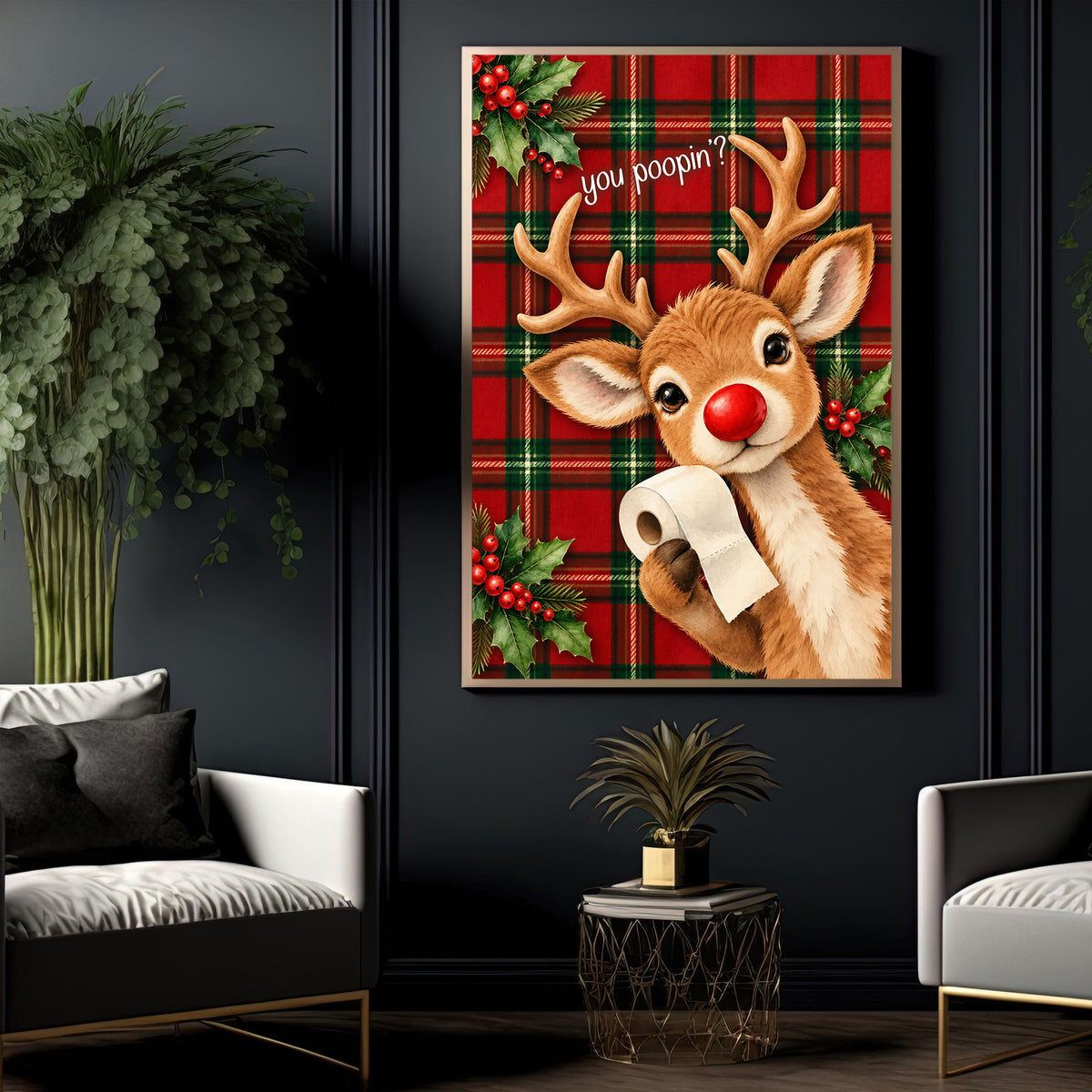 Funny Christmas Reindeer Toilet Canvas Painting, You Poopin Bathroom Wall Art Decor, Xmas Restroom Poster Gift For Reindeer Lover