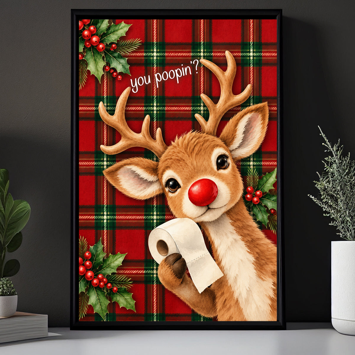 Funny Christmas Reindeer Toilet Canvas Painting, You Poopin Bathroom Wall Art Decor, Xmas Restroom Poster Gift For Reindeer Lover