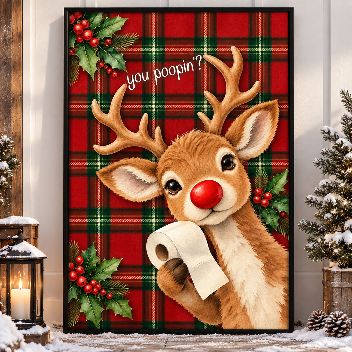 Funny Christmas Reindeer Toilet Canvas Painting, You Poopin Bathroom Wall Art Decor, Xmas Restroom Poster Gift For Reindeer Lover