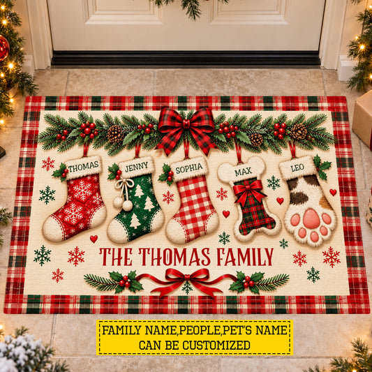 Personalized Christmas Family Doormat, Custom Family And Pet Names On Festive Stockings Doormat For Home Decor Housewarming, Xmas Welcome Mat Gift For Family