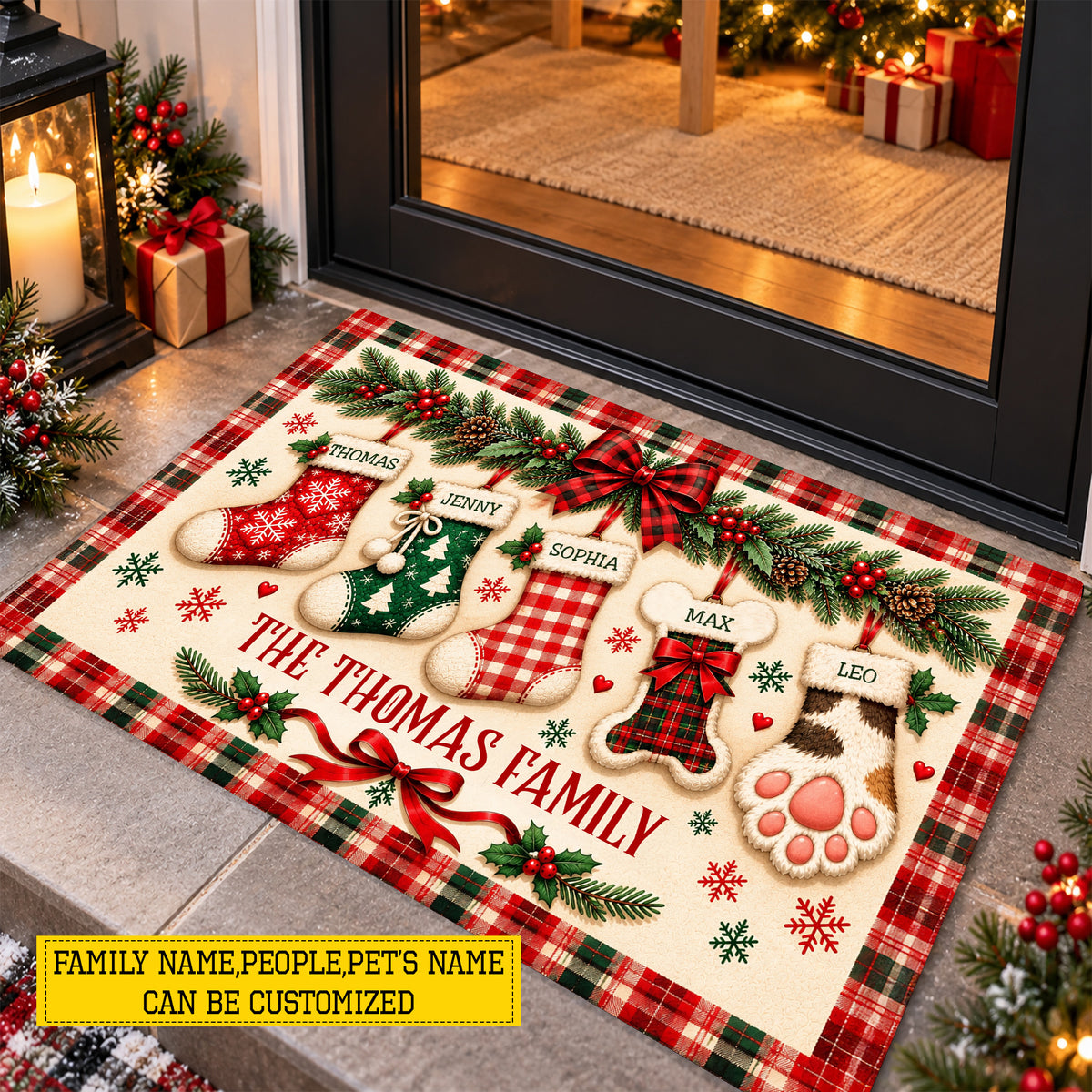 Personalized Christmas Family Doormat, Custom Family And Pet Names On Festive Stockings Doormat For Home Decor Housewarming, Xmas Welcome Mat Gift For Family