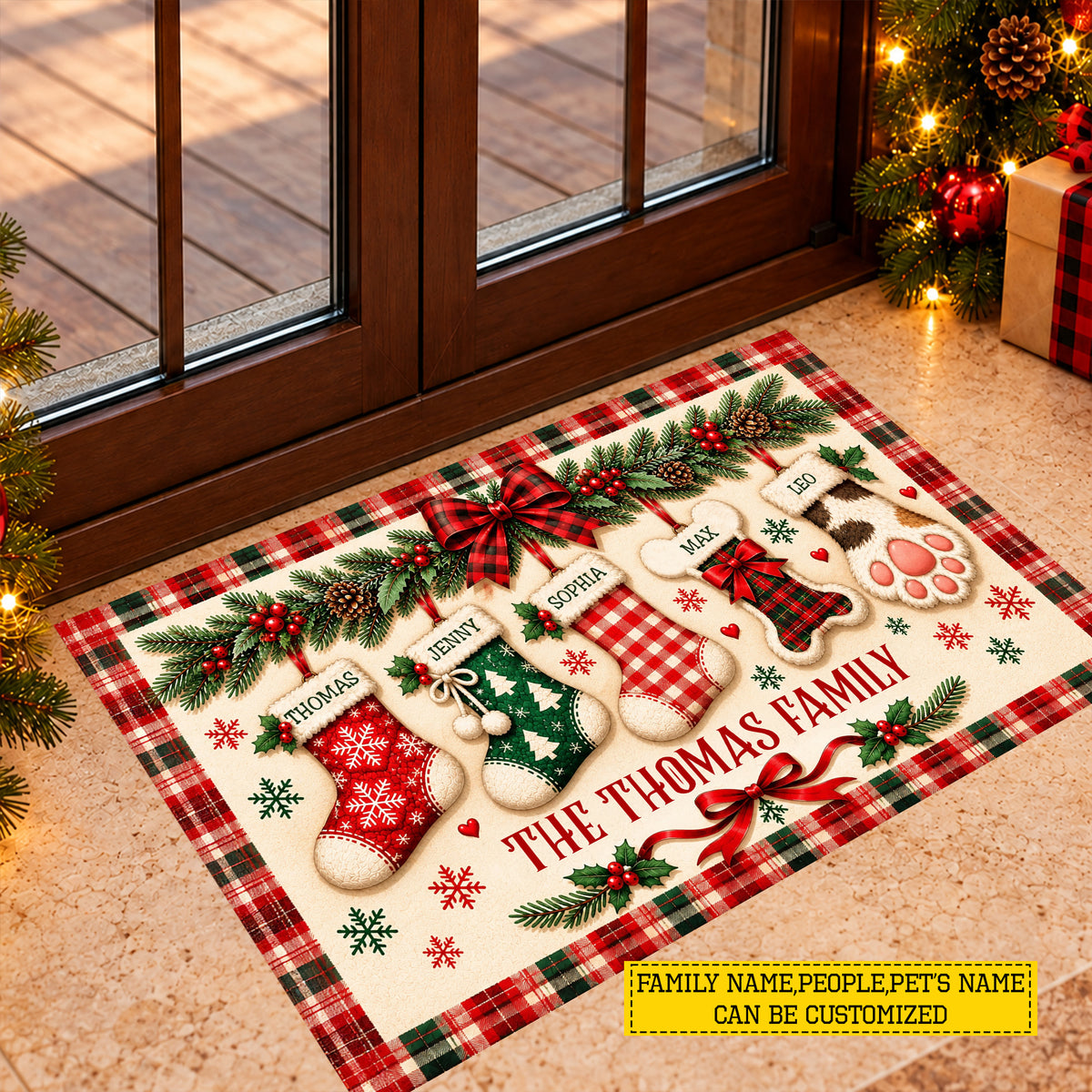 Personalized Christmas Family Doormat, Custom Family And Pet Names On Festive Stockings Doormat For Home Decor Housewarming, Xmas Welcome Mat Gift For Family