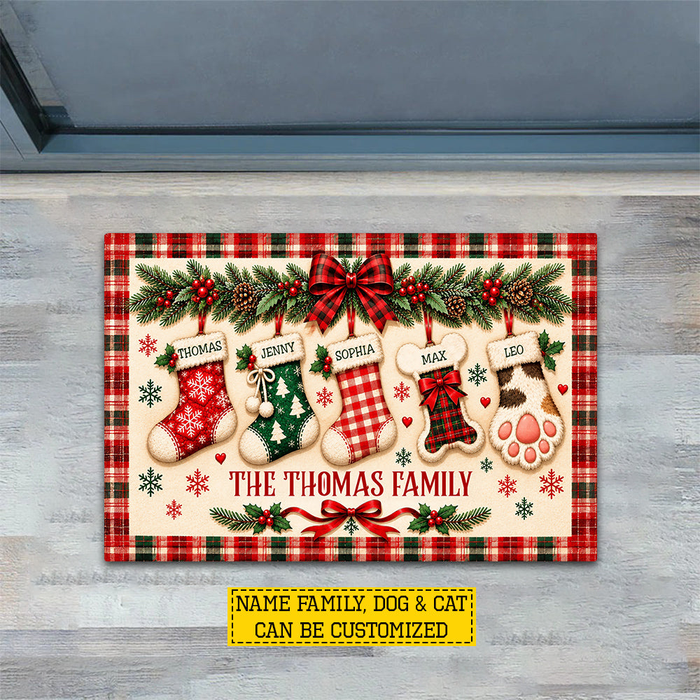 Personalized Christmas Family Doormat, Custom Family And Pet Names On Festive Stockings Doormat For Home Decor Housewarming, Xmas Welcome Mat Gift For Family