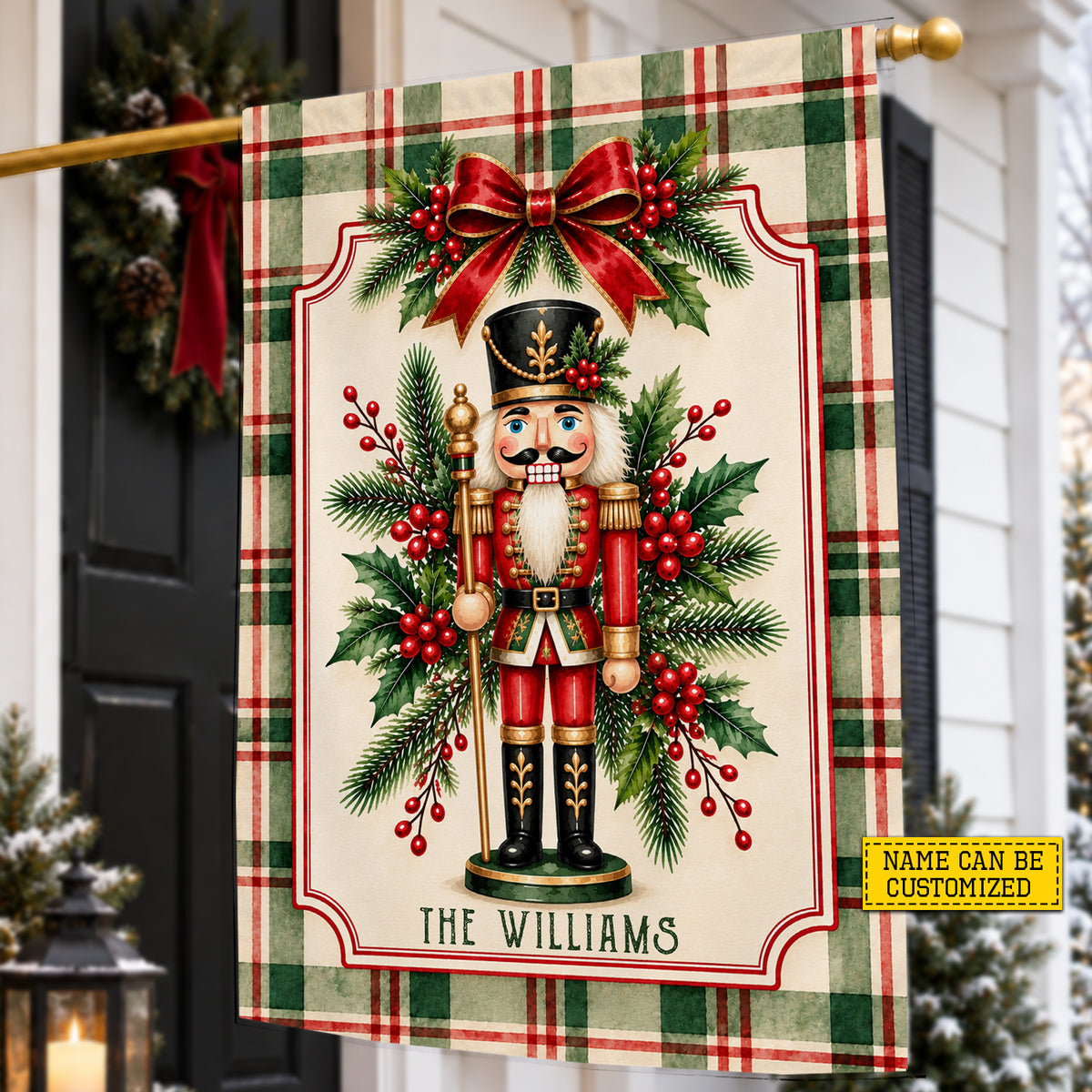 Personalized Christmas Nutcracker Garden & House Flag, Custom Family Name With Holly Yard Flag, Xmas Gift For Nutcracker Lover