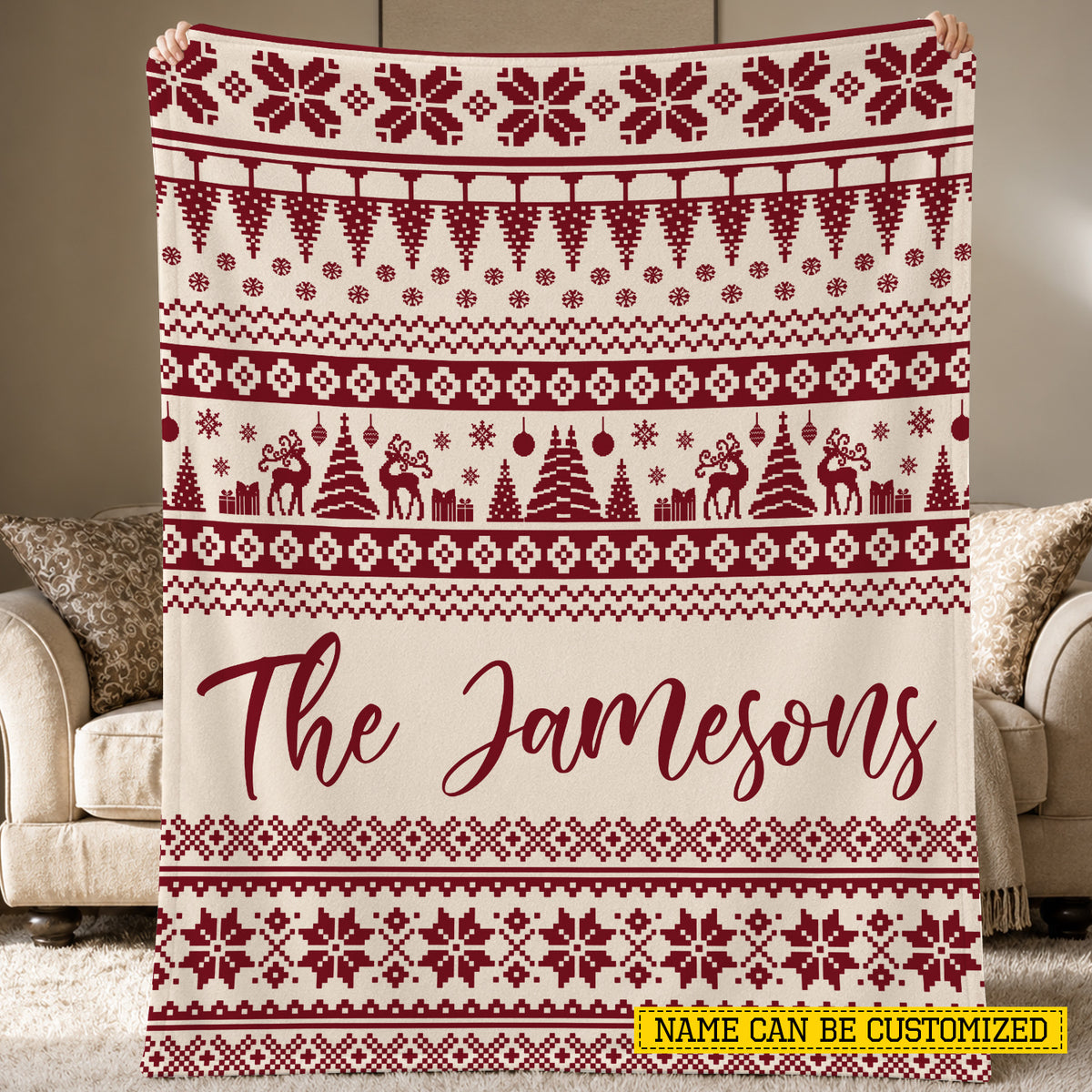 Personalized Christmas Fleece Blanket, Custom Family Name With Red And Cream Nordic Snowflake Woven Blanket, Xmas Sherpa Blanket Gift