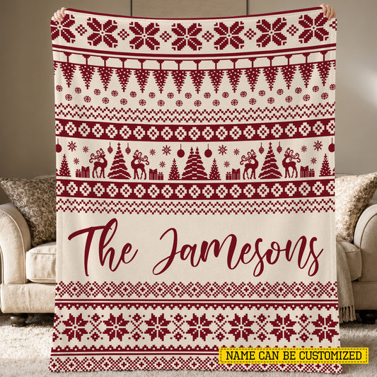 Personalized Christmas Fleece Blanket, Custom Family Name With Red And Cream Nordic Snowflake Woven Blanket, Xmas Sherpa Blanket Gift