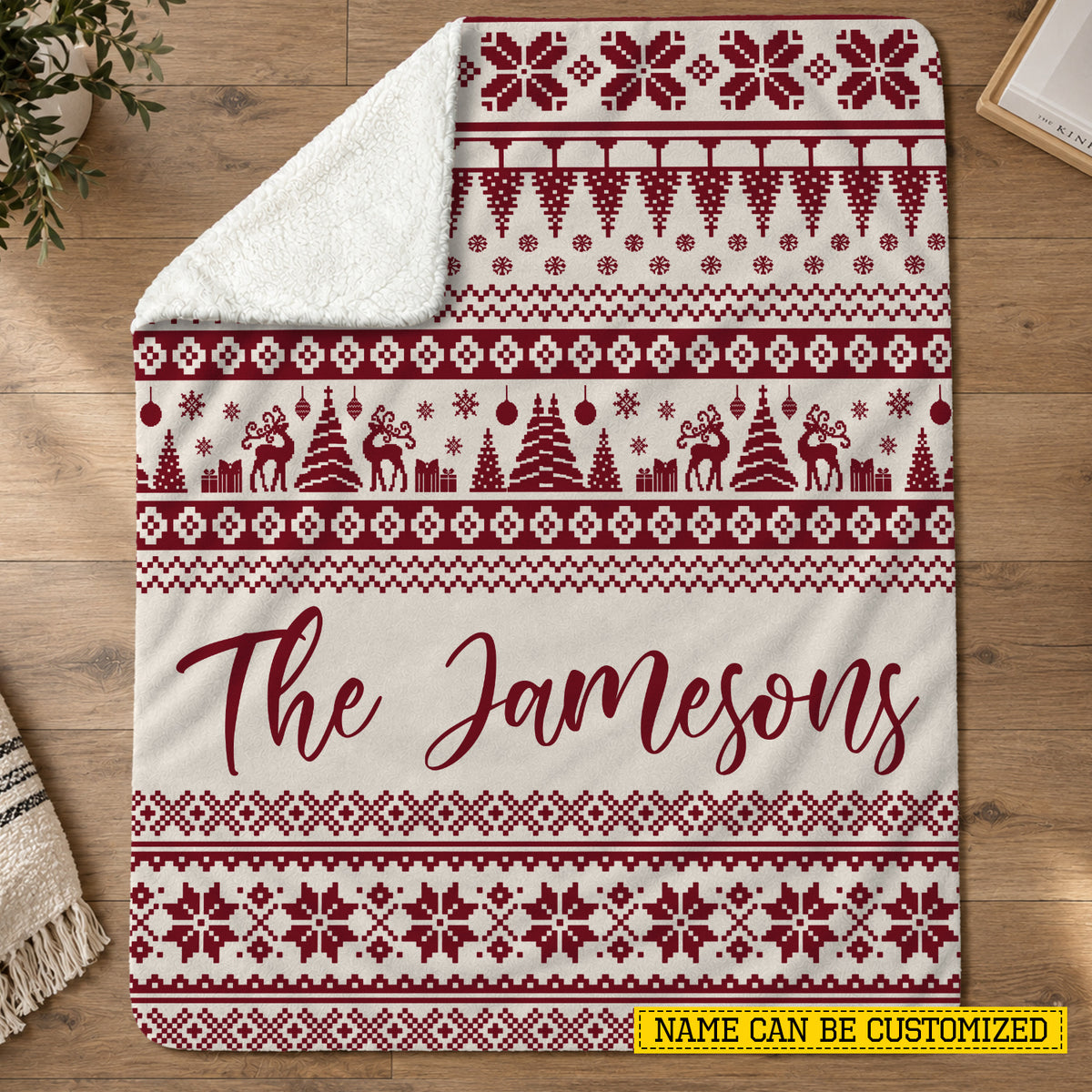 Personalized Christmas Fleece Blanket, Custom Family Name With Red And Cream Nordic Snowflake Woven Blanket, Xmas Sherpa Blanket Gift