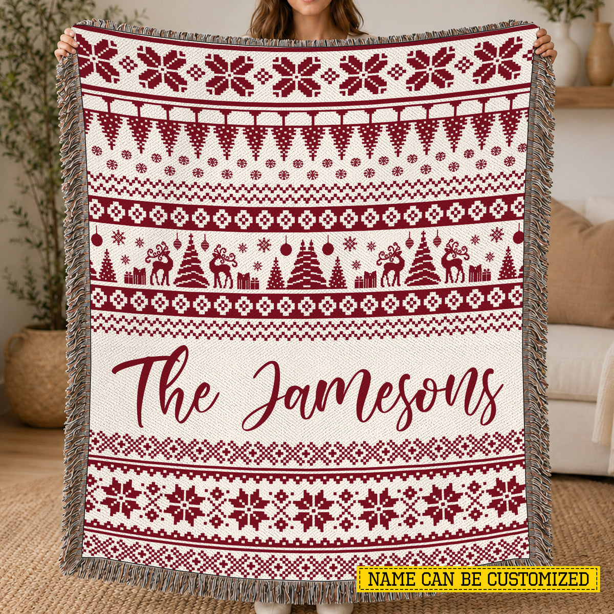Personalized Christmas Fleece Blanket, Custom Family Name With Red And Cream Nordic Snowflake Woven Blanket, Xmas Sherpa Blanket Gift