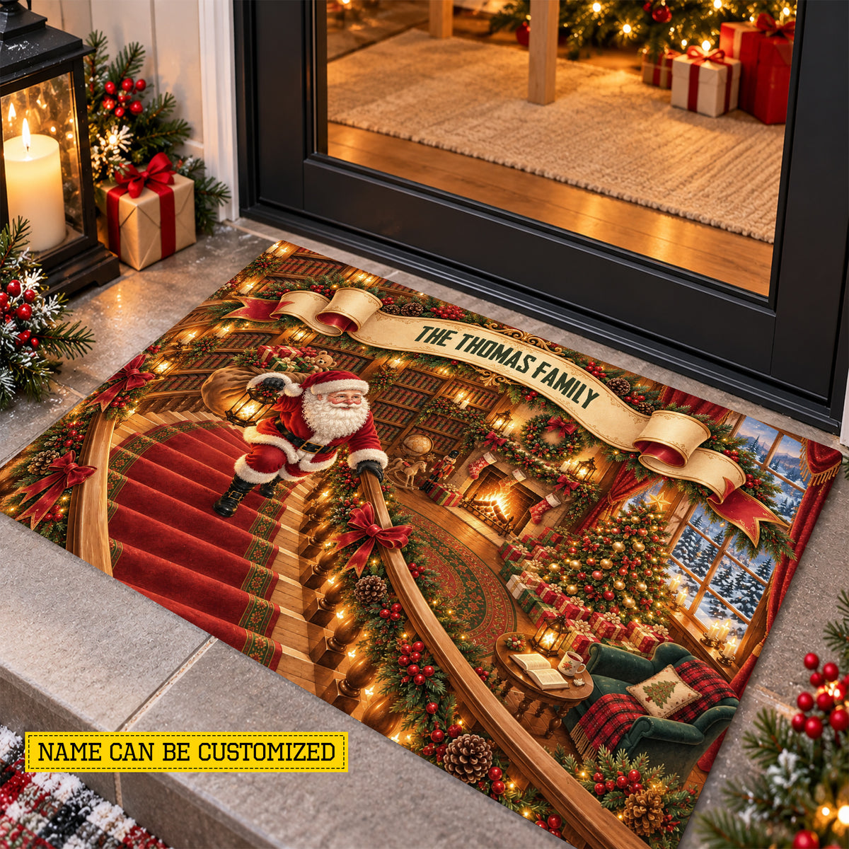 Personalized Santa Christmas Doormat, Custom Family Name With Christmas Staircase Illusion Doormat For Home Decor Housewarming, Xmas Welcome Mat Gift