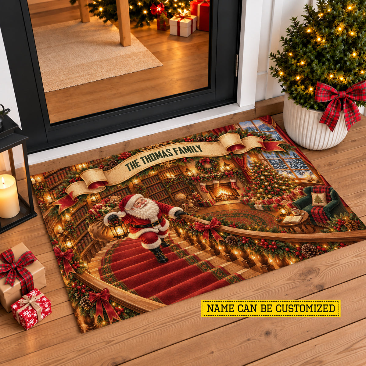 Personalized Santa Christmas Doormat, Custom Family Name With Christmas Staircase Illusion Doormat For Home Decor Housewarming, Xmas Welcome Mat Gift