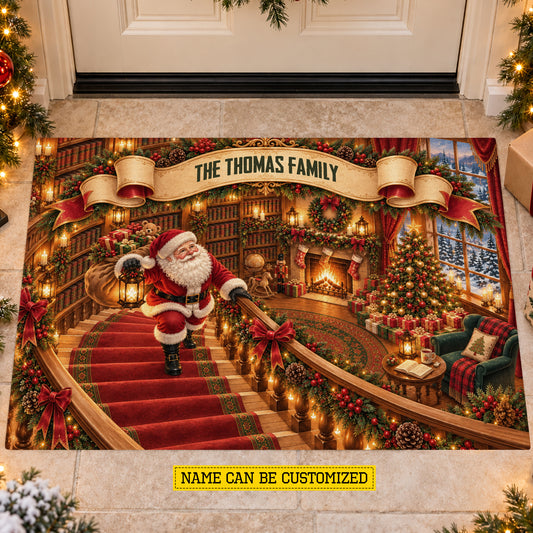 Personalized Santa Christmas Doormat, Custom Family Name With Christmas Staircase Illusion Doormat For Home Decor Housewarming, Xmas Welcome Mat Gift