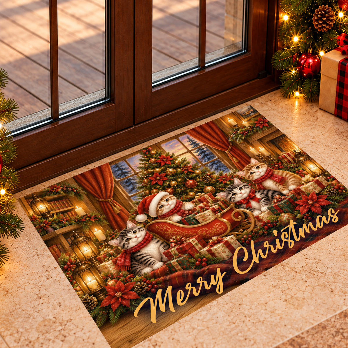 Merry Christmas Doormat, Four Cute Kittens With Santa Sleigh Doormat For Home Decor Housewarming, Xmas Welcome Mat Gift For Cat Lover