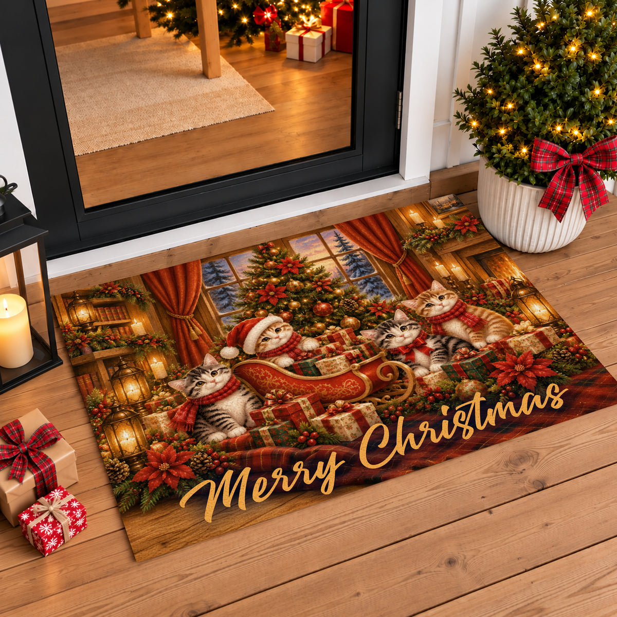 Merry Christmas Doormat, Four Cute Kittens With Santa Sleigh Doormat For Home Decor Housewarming, Xmas Welcome Mat Gift For Cat Lover
