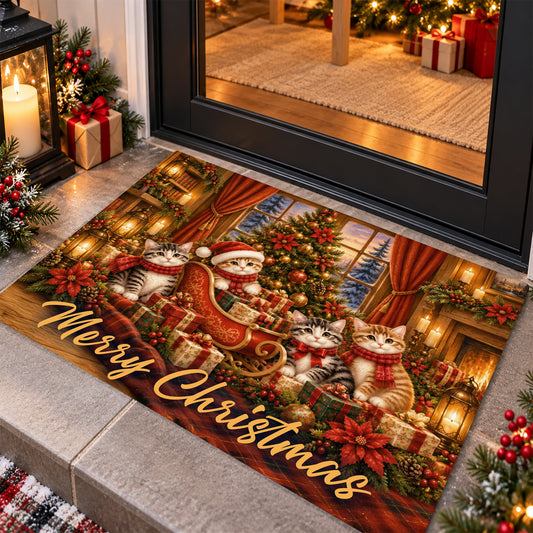 Merry Christmas Doormat, Four Cute Kittens With Santa Sleigh Doormat For Home Decor Housewarming, Xmas Welcome Mat Gift For Cat Lover
