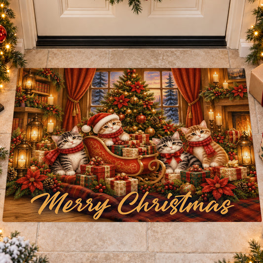 Merry Christmas Doormat, Four Cute Kittens With Santa Sleigh Doormat For Home Decor Housewarming, Xmas Welcome Mat Gift For Cat Lover