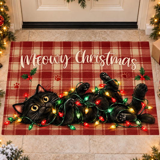 Funny Meowy Christmas Doormat, Black Cat Tangled In Colorful Christmas Lights Doormat For Home Decor Housewarming, Xmas Welcome Mat Gift For Cat Lover