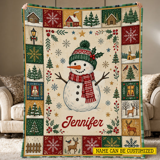 Personalized Christmas Snowman Fleece Blanket, Winter Throw With Vintage Folk Border Woven Blanket, Xmas Sherpa Blanket Gift For Snowman Lover