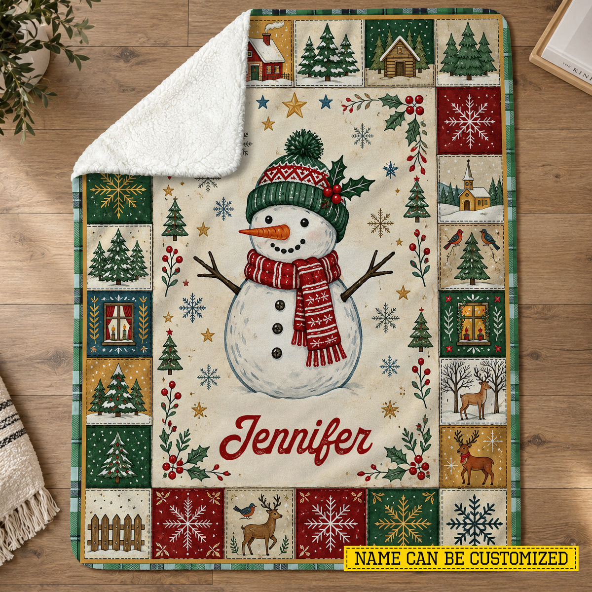 Personalized Christmas Snowman Fleece Blanket, Winter Throw With Vintage Folk Border Woven Blanket, Xmas Sherpa Blanket Gift For Snowman Lover