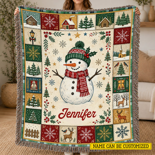 Personalized Christmas Snowman Fleece Blanket, Winter Throw With Vintage Folk Border Woven Blanket, Xmas Sherpa Blanket Gift For Snowman Lover
