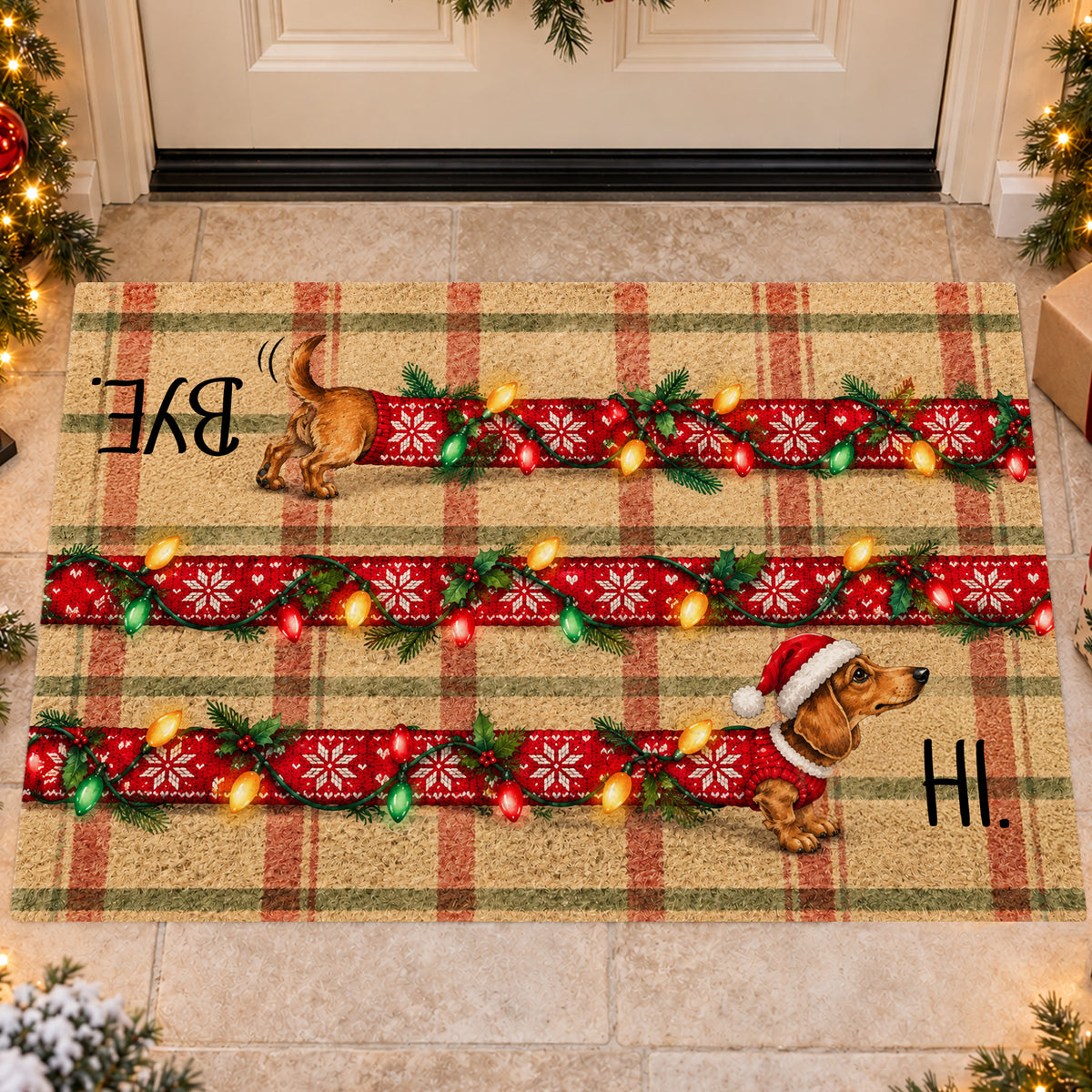 Funny Christmas Dachshund Dog Doormat, Hi Bye Wiener Dog In Red Sweater Doormat For Home Decor Housewarming, Xmas Welcome Mat Gift For Dog Lover