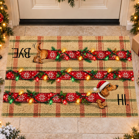Funny Christmas Dachshund Dog Doormat, Hi Bye Wiener Dog In Red Sweater Doormat For Home Decor Housewarming, Xmas Welcome Mat Gift For Dog Lover