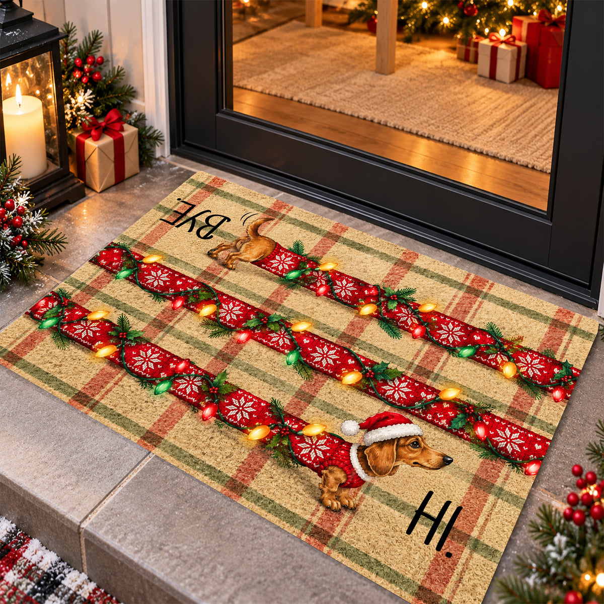 Funny Christmas Dachshund Dog Doormat, Hi Bye Wiener Dog In Red Sweater Doormat For Home Decor Housewarming, Xmas Welcome Mat Gift For Dog Lover