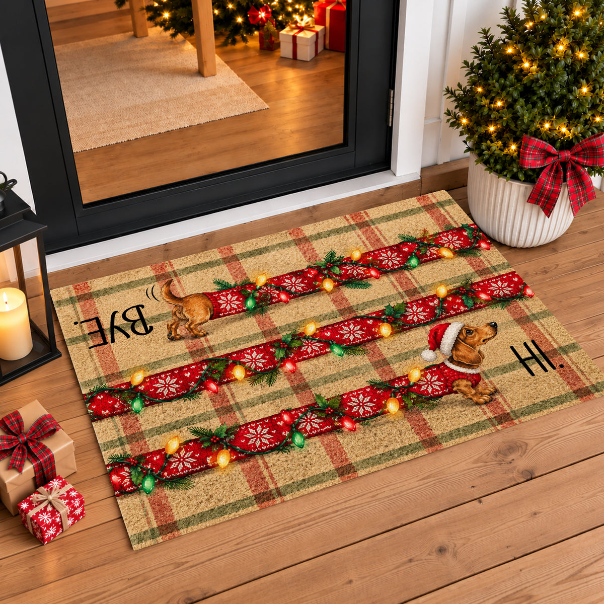 Funny Christmas Dachshund Dog Doormat, Hi Bye Wiener Dog In Red Sweater Doormat For Home Decor Housewarming, Xmas Welcome Mat Gift For Dog Lover