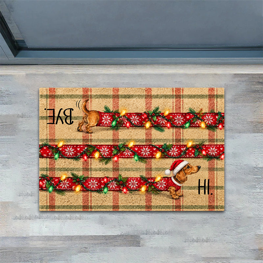 Funny Christmas Dachshund Dog Doormat, Hi Bye Wiener Dog In Red Sweater Doormat For Home Decor Housewarming, Xmas Welcome Mat Gift For Dog Lover