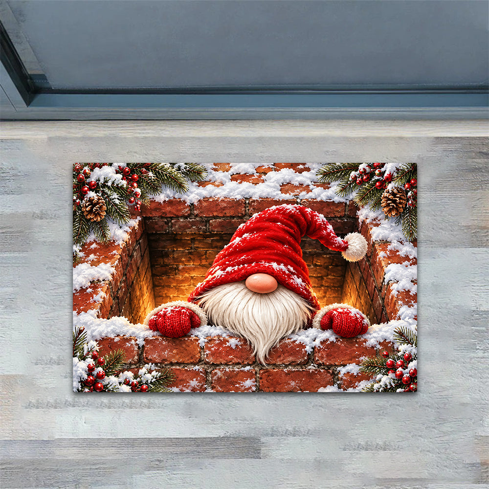 Funny Christmas Gnome Doormat, Red Hat Gnome Peeking From A Snowy Brick Chimney Doormat For Home Decor Housewarming , Xmas Welcome Mat Gift For Gnome Lover