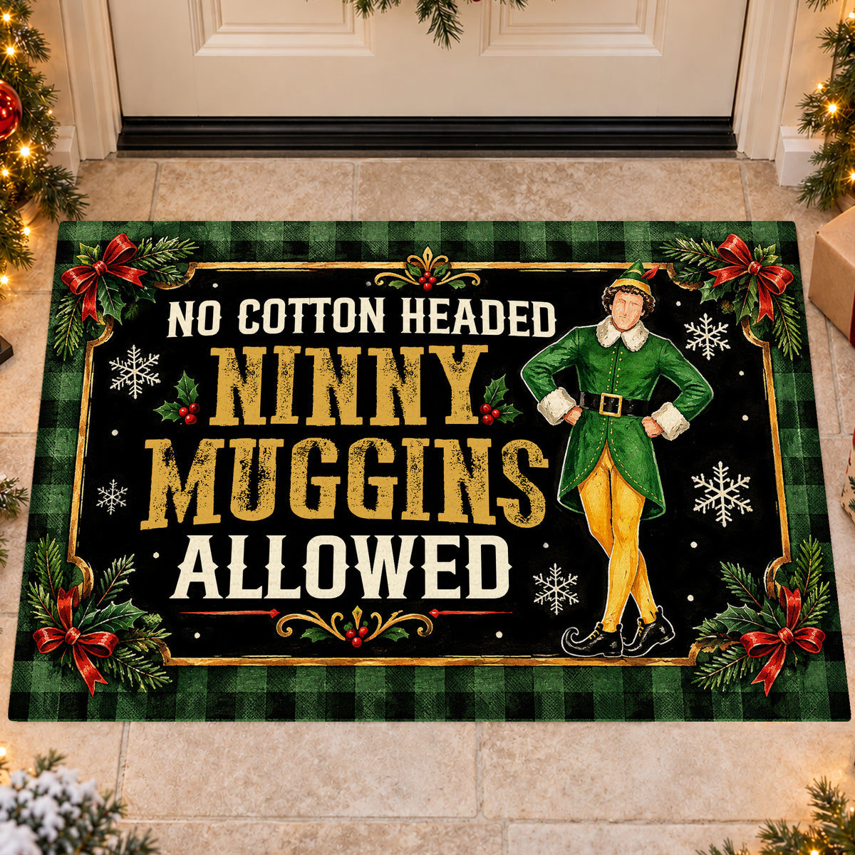 Funny Christmas Elf Doormat, No Cotton Headed Ninny Muggins Allowed Doormat For Home Decor Housewarming , Xmas Welcome Mat Gift For Elf Lover