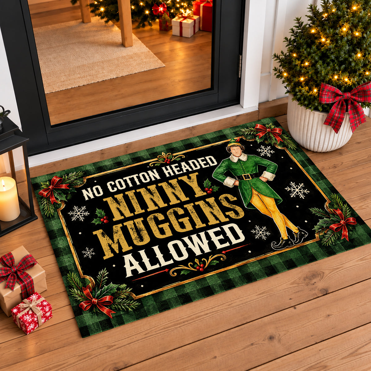 Funny Christmas Elf Doormat, No Cotton Headed Ninny Muggins Allowed Doormat For Home Decor Housewarming , Xmas Welcome Mat Gift For Elf Lover