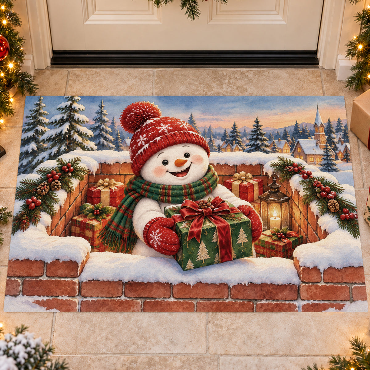 Christmas Snowman Doormat, Cute Snowman Holding A Gift Doormat For Home Decor Housewarming Gift, Xmas Welcome Mat Gift For Snowman Lover