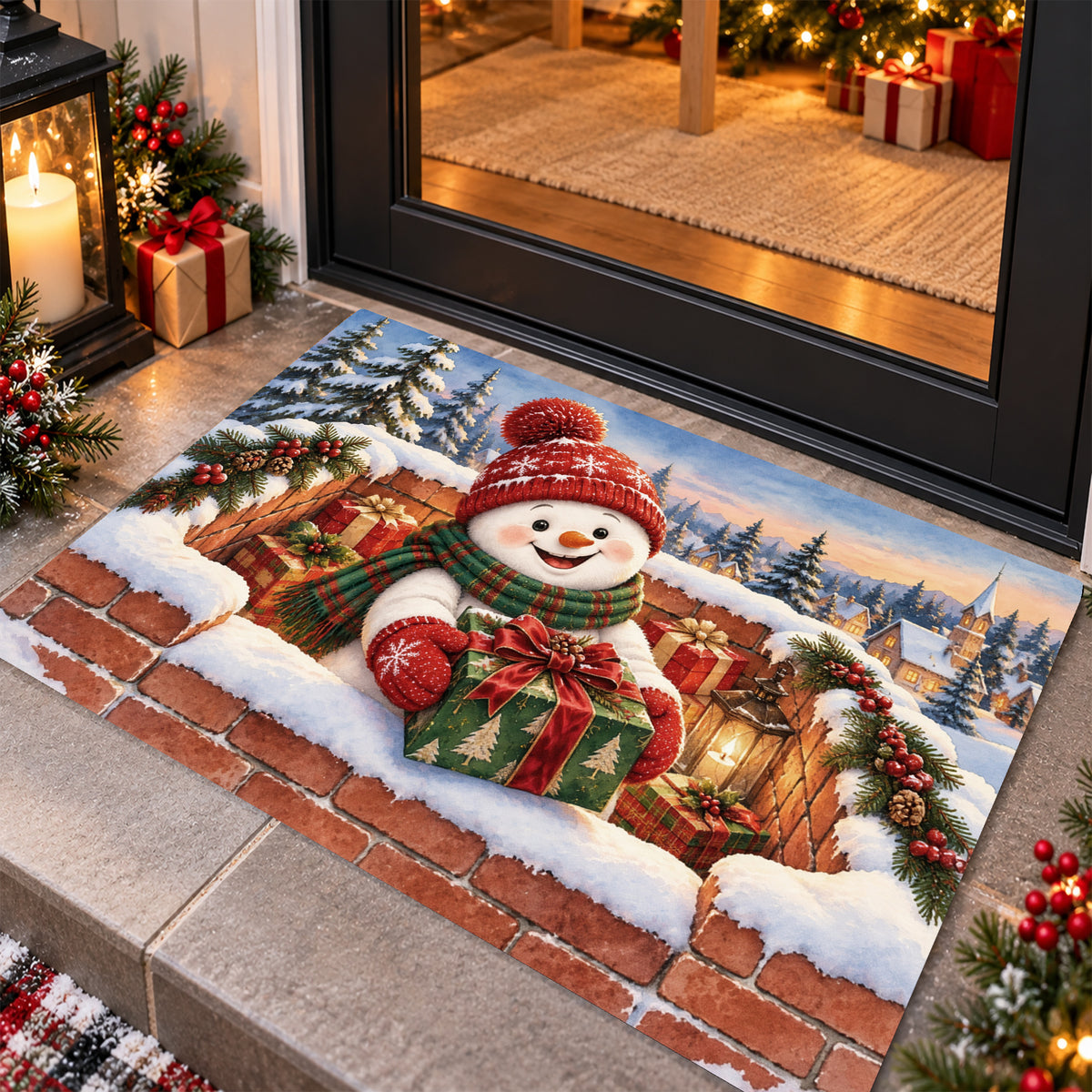 Christmas Snowman Doormat, Cute Snowman Holding A Gift Doormat For Home Decor Housewarming Gift, Xmas Welcome Mat Gift For Snowman Lover