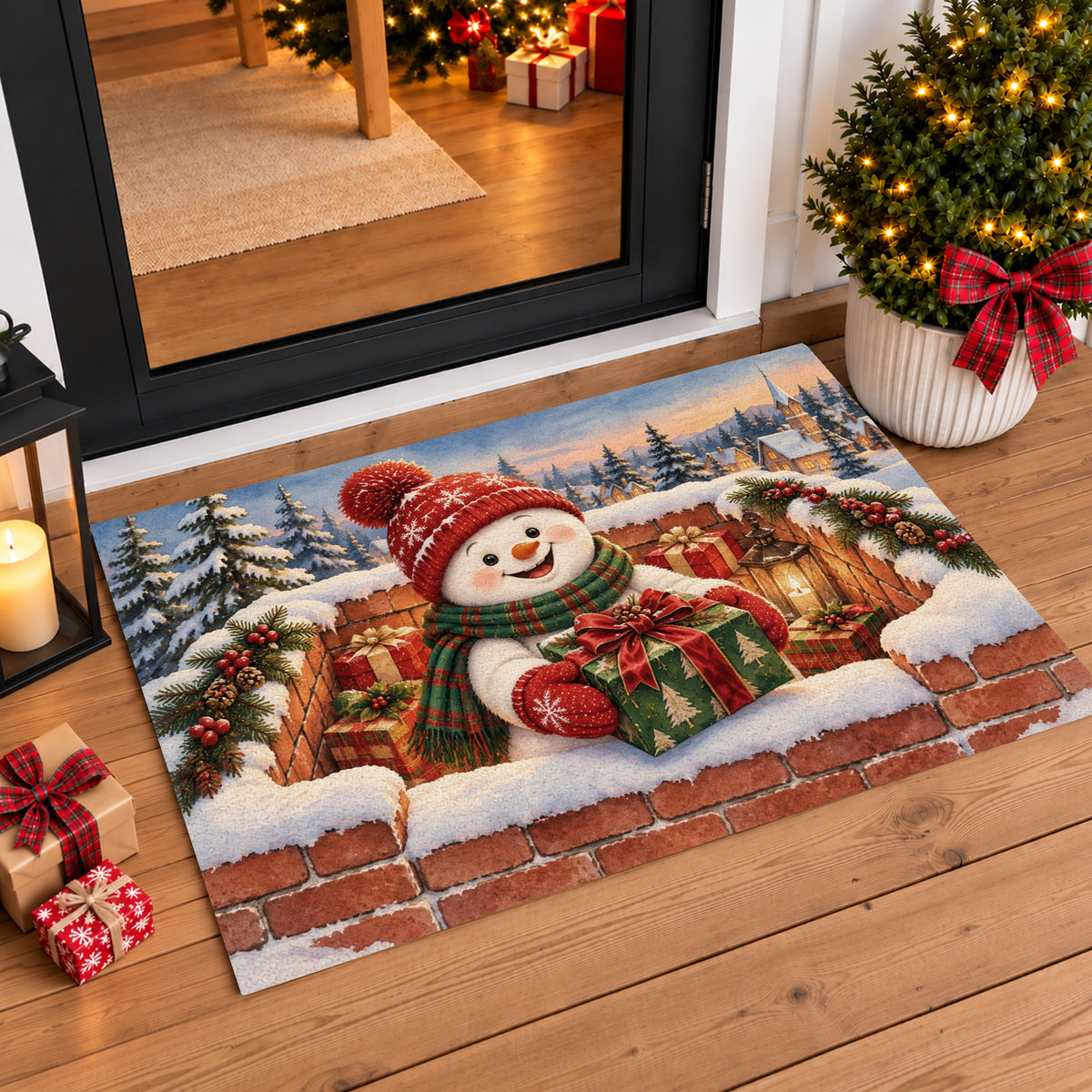 Christmas Snowman Doormat, Cute Snowman Holding A Gift Doormat For Home Decor Housewarming Gift, Xmas Welcome Mat Gift For Snowman Lover