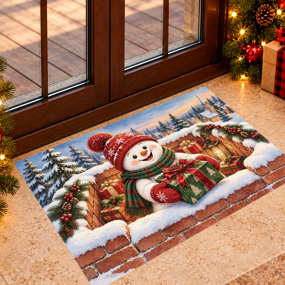 Christmas Snowman Doormat, Cute Snowman Holding A Gift Doormat For Home Decor Housewarming Gift, Xmas Welcome Mat Gift For Snowman Lover