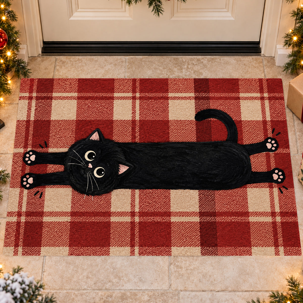Funny Black Cat Doormat, Stretching Kitty With Pink Paws Doormat For Home Decor Housewarming, Welcome Mat Gift For Cat Lover