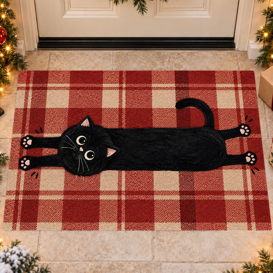 Funny Black Cat Doormat, Stretching Kitty With Pink Paws Doormat For Home Decor Housewarming, Welcome Mat Gift For Cat Lover