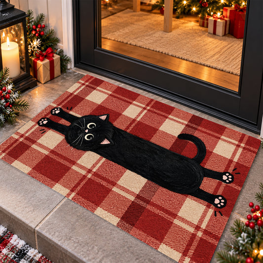 Funny Black Cat Doormat, Stretching Kitty With Pink Paws Doormat For Home Decor Housewarming, Welcome Mat Gift For Cat Lover