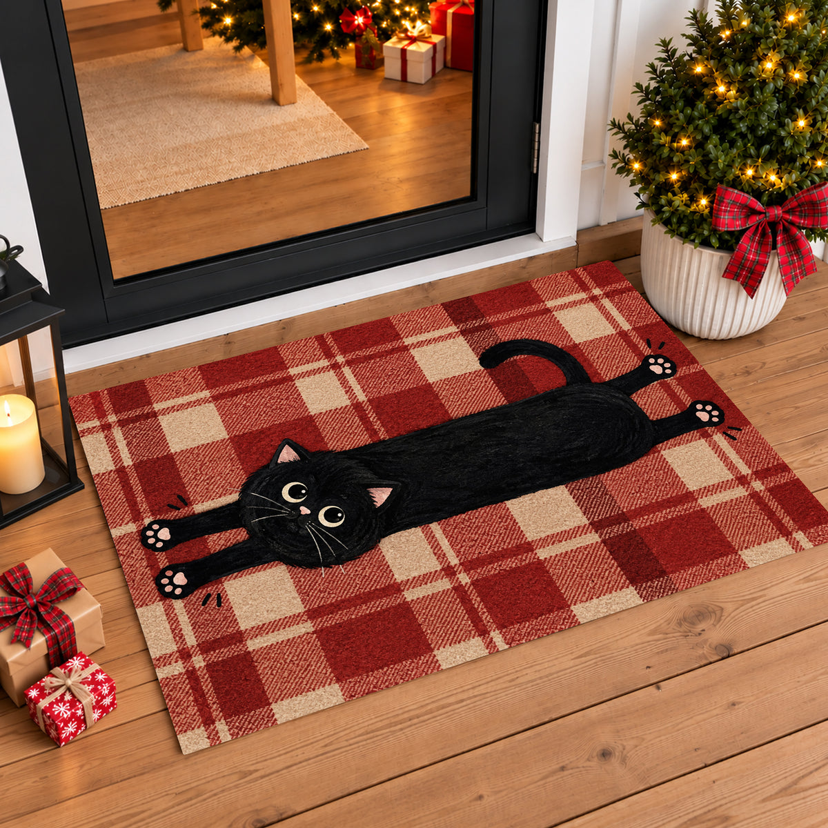 Funny Black Cat Doormat, Stretching Kitty With Pink Paws Doormat For Home Decor Housewarming, Welcome Mat Gift For Cat Lover