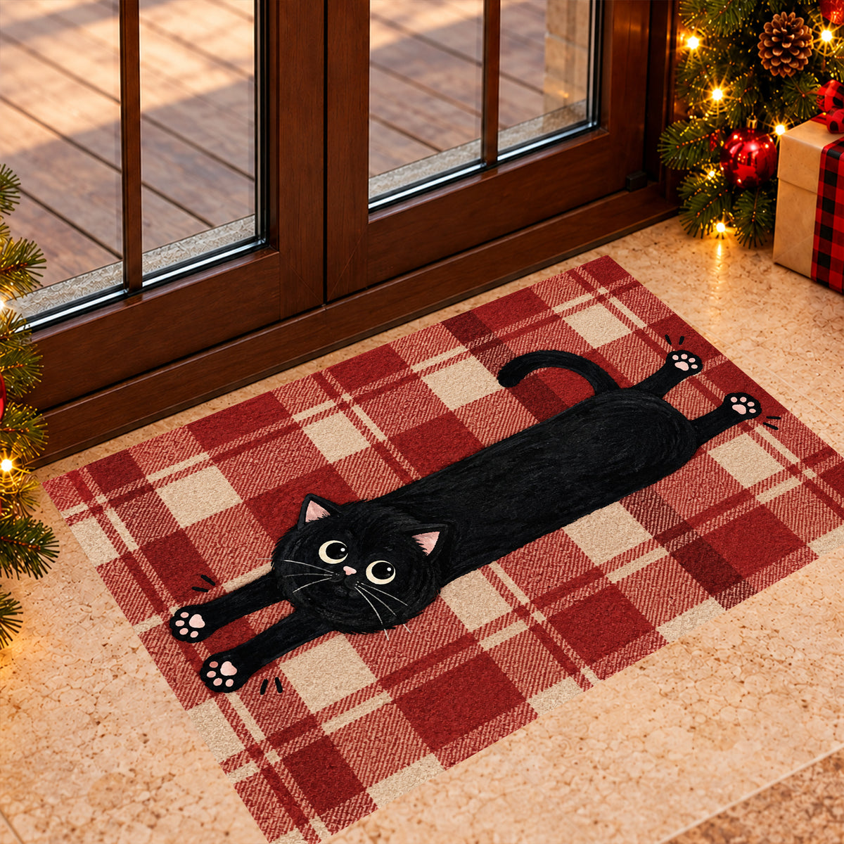 Funny Black Cat Doormat, Stretching Kitty With Pink Paws Doormat For Home Decor Housewarming, Welcome Mat Gift For Cat Lover