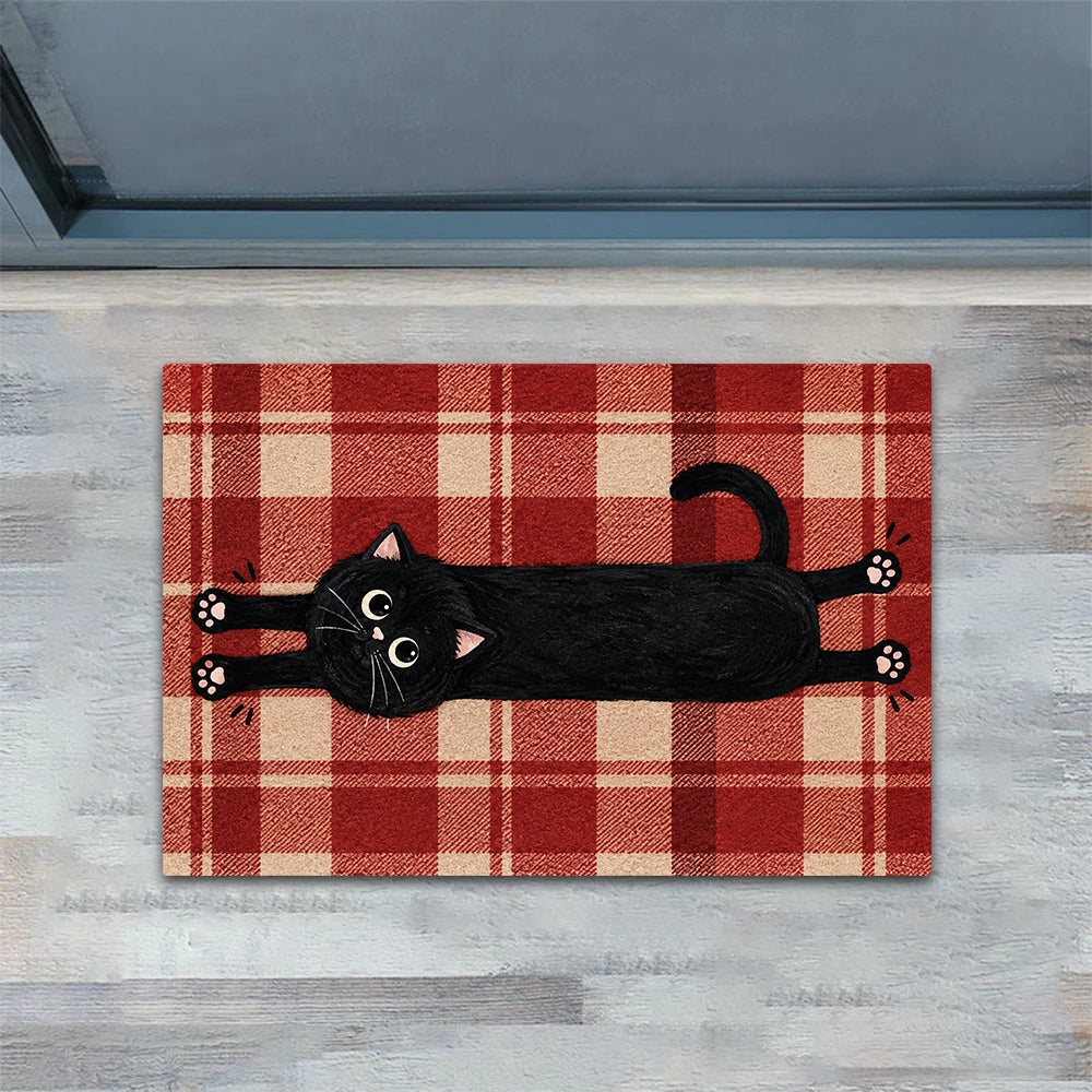 Funny Black Cat Doormat, Stretching Kitty With Pink Paws Doormat For Home Decor Housewarming, Welcome Mat Gift For Cat Lover