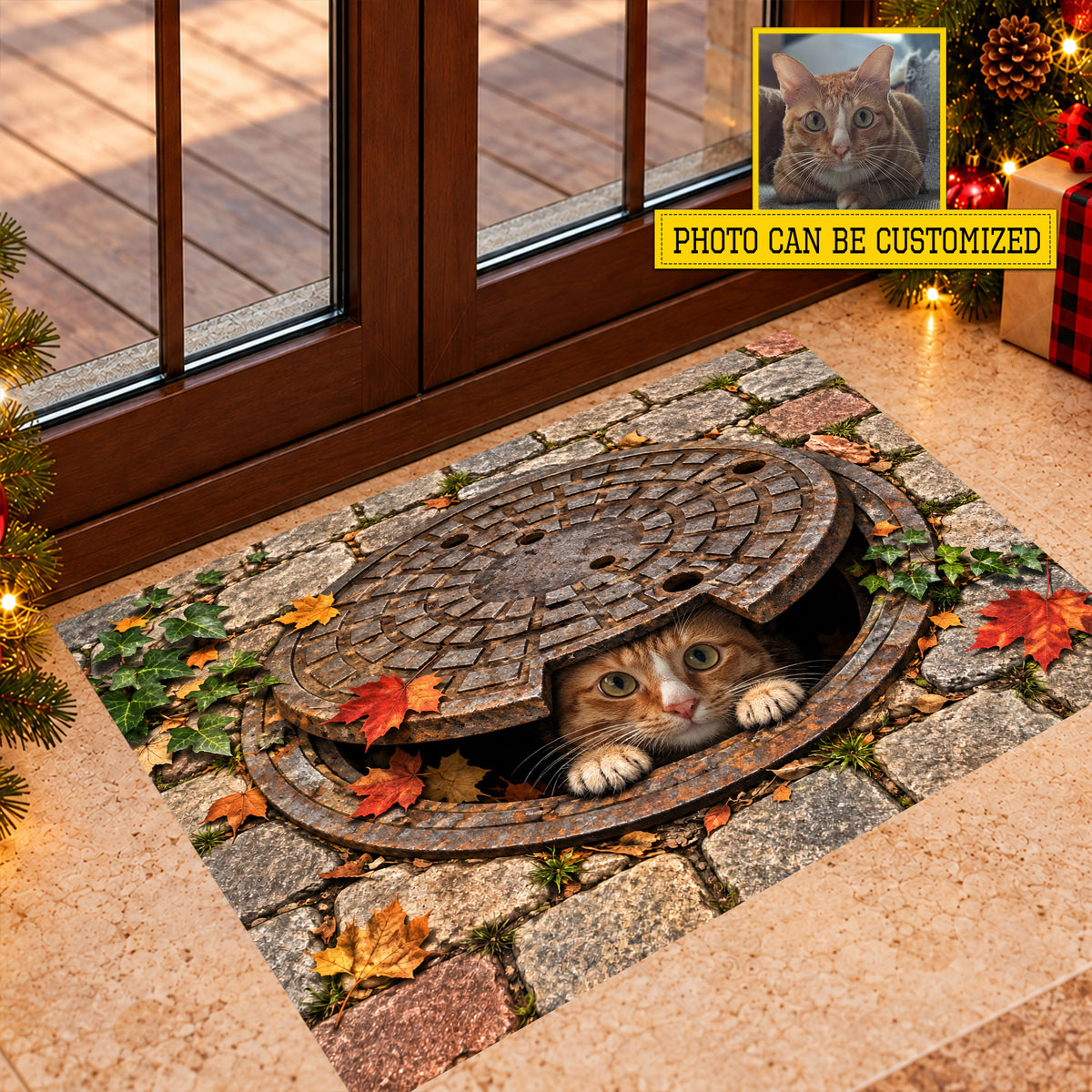 Funny Personalized Cat Doormat, Custom Pet Peeking From Manhole Cover Doormat For Home Decor Housewarming, Welcome Mat Gift For Cat Lover