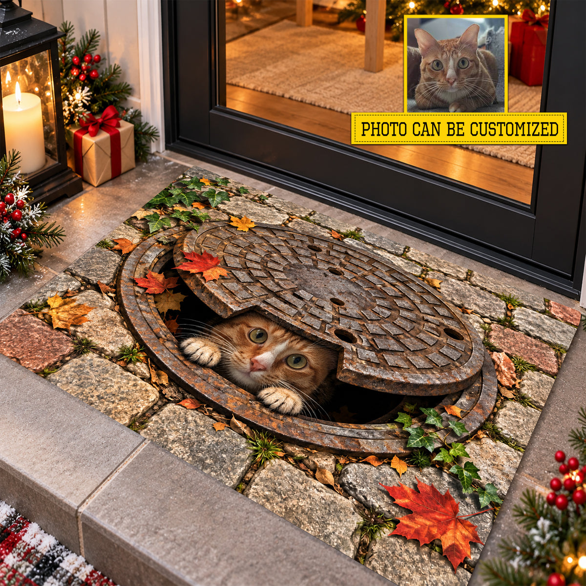 Funny Personalized Cat Doormat, Custom Pet Peeking From Manhole Cover Doormat For Home Decor Housewarming, Welcome Mat Gift For Cat Lover
