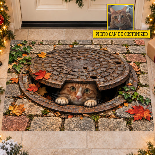 Funny Personalized Cat Doormat, Custom Pet Peeking From Manhole Cover Doormat For Home Decor Housewarming, Welcome Mat Gift For Cat Lover