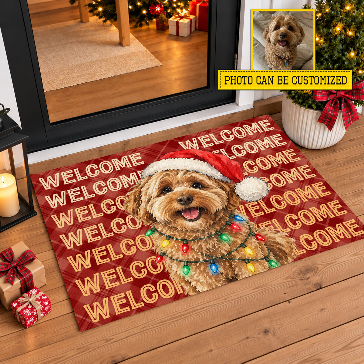 Personalized Christmas Dog Doormat, Custom Pet Portrait With Santa Hat Doormat For Home Decor Housewarming, Xmas Welcome Mat Gift For Dog Lover