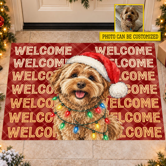 Personalized Christmas Dog Doormat, Custom Pet Portrait With Santa Hat Doormat For Home Decor Housewarming, Xmas Welcome Mat Gift For Dog Lover