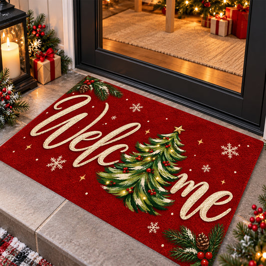 Christmas Welcome Doormat, Decorated Christmas Tree With Snowflakes Doormat For Home Decor Housewarming, Xmas Welcome Mat Gift